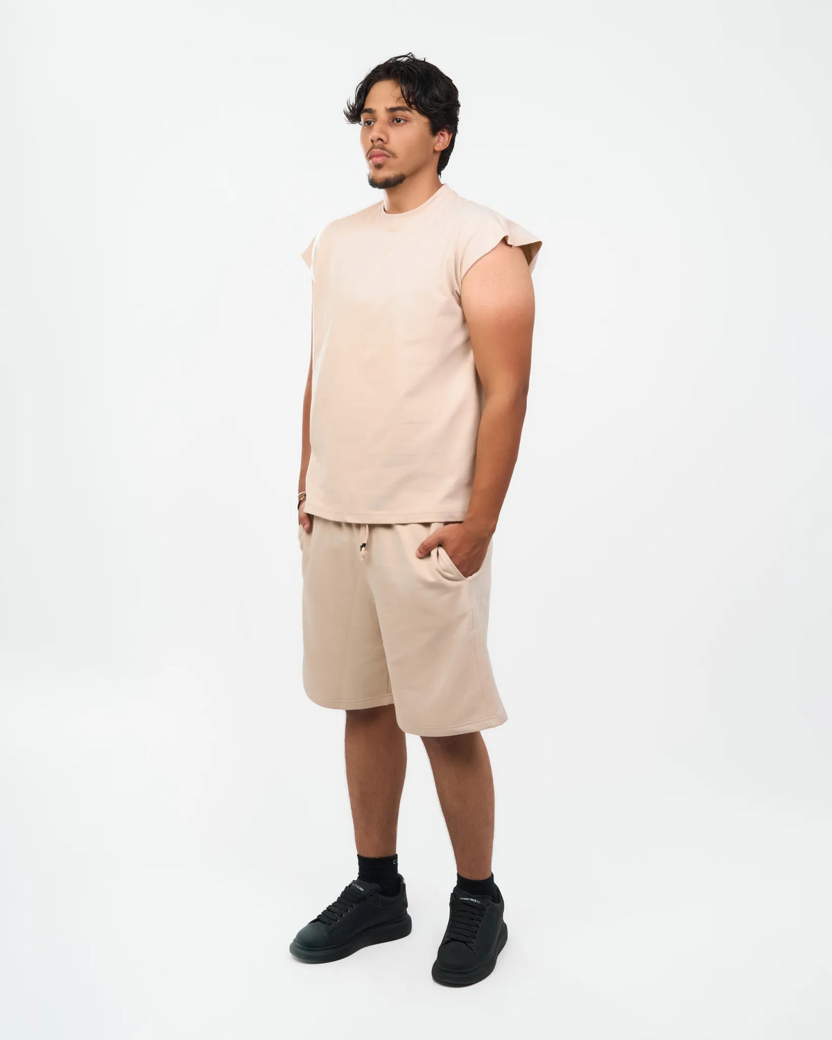 Sand Rolled-Sleeve Muscle T-Shirt