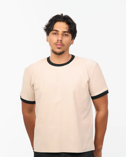 Sand Contrast-Trim Ringer T-Shirt