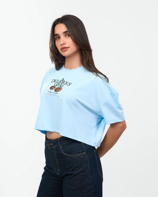 Sky Blue Graphic Cropped T-Shirt