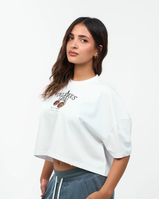 White Graphic Cropped T-Shirt